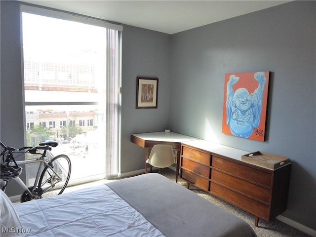 carpeted bedroom with access to outside, multiple windows, and baseboards