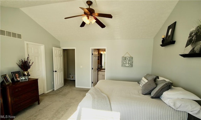 bedroom with visible vents, light carpet, a ceiling fan, baseboards, and vaulted ceiling