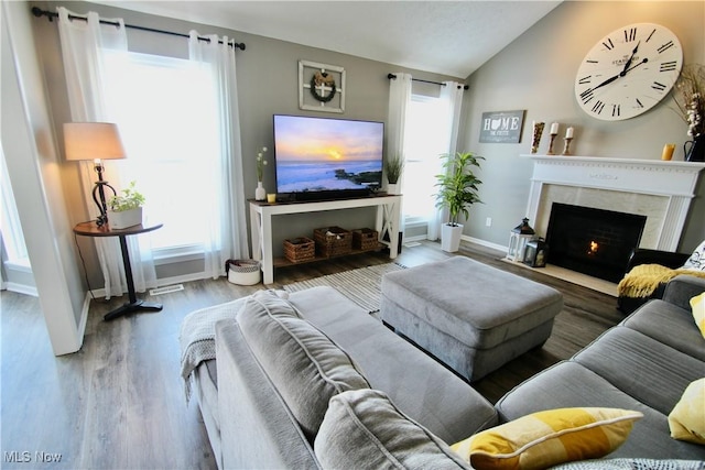 living room with lofted ceiling, plenty of natural light, a fireplace, and wood finished floors