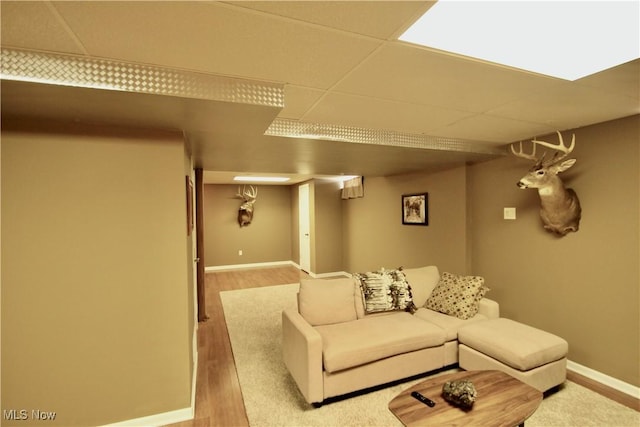 living area featuring a drop ceiling, baseboards, and wood finished floors