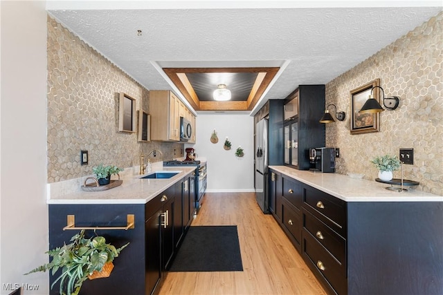 kitchen featuring stainless steel appliances, light wood-style floors, a textured ceiling, a raised ceiling, and a sink