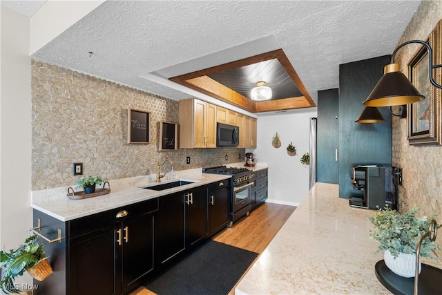 kitchen with stainless steel range, a sink, a tray ceiling, a textured ceiling, and black microwave