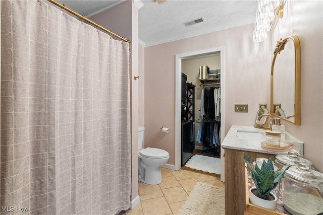 full bathroom featuring tile patterned floors, visible vents, toilet, crown molding, and vanity