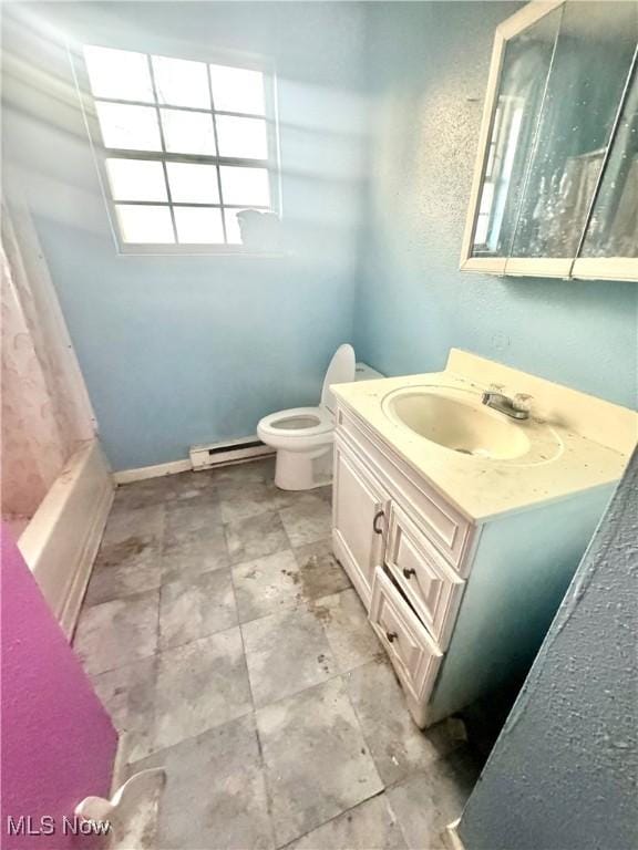 full bath with a baseboard radiator, toilet, and vanity