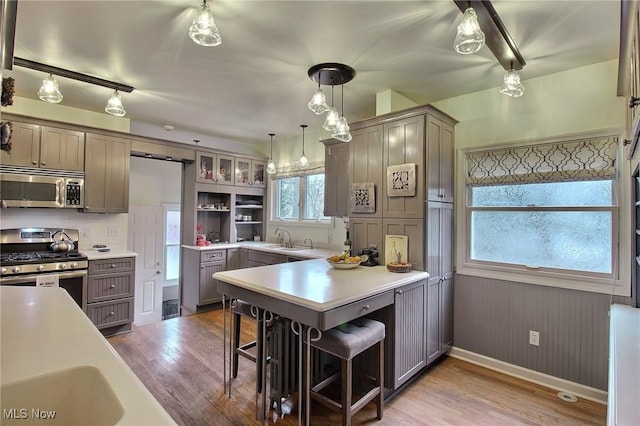 kitchen with light wood-style flooring, a peninsula, stainless steel appliances, and light countertops