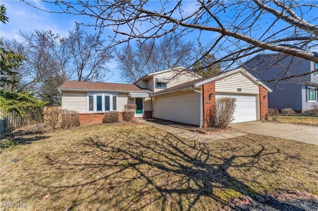 view of front facade with a front lawn, fence, concrete driveway, a garage, and brick siding