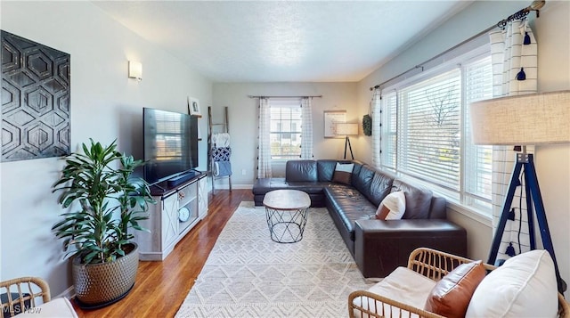 living area featuring baseboards and wood finished floors