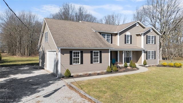 traditional home with a garage, driveway, roof with shingles, and a front lawn