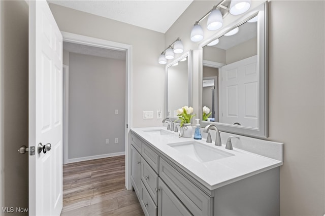 full bath featuring a sink, baseboards, wood finished floors, and double vanity