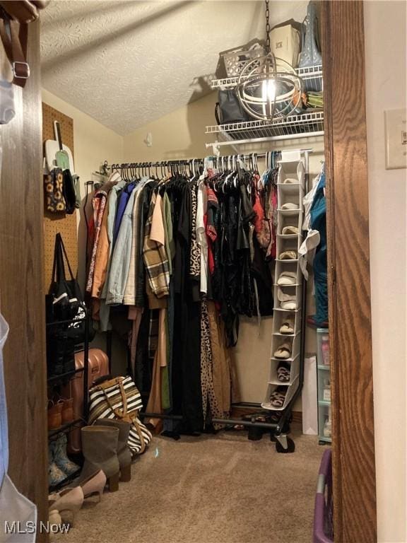 spacious closet with lofted ceiling and carpet flooring