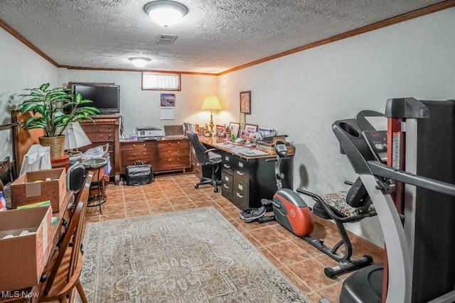 office with light tile patterned floors, visible vents, a textured ceiling, and crown molding