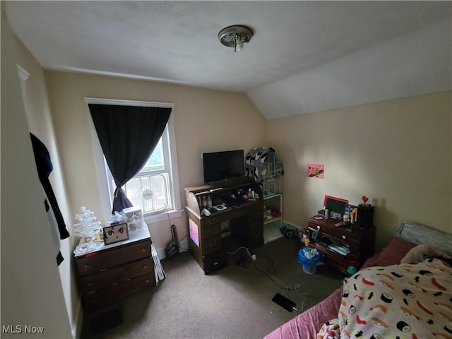 bedroom with carpet flooring and lofted ceiling