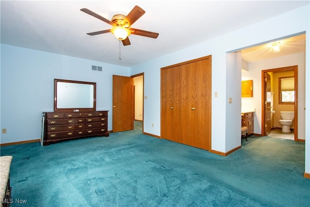 unfurnished bedroom with carpet flooring, baseboards, visible vents, and a closet