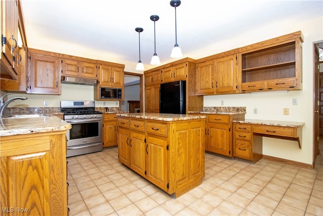 kitchen with a sink, a center island, under cabinet range hood, black appliances, and open shelves