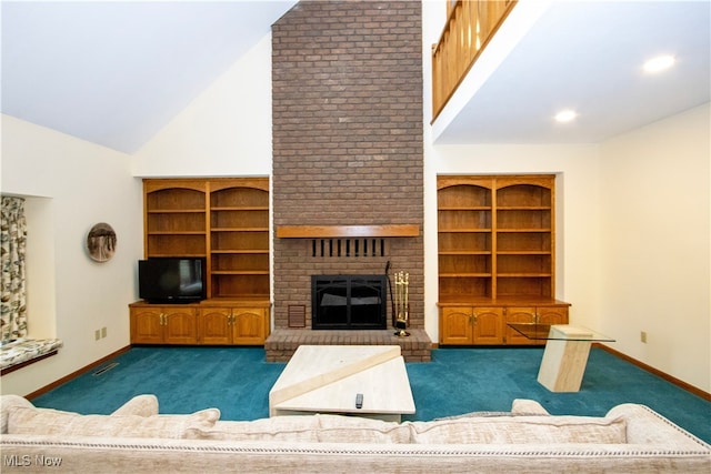 living room with baseboards, carpet floors, high vaulted ceiling, and a brick fireplace