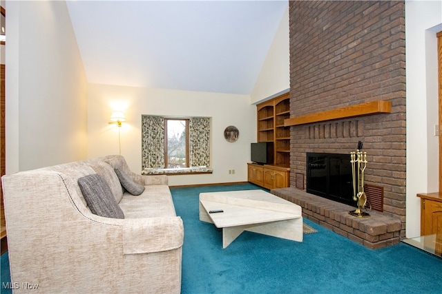 living room featuring built in shelves, high vaulted ceiling, carpet flooring, a fireplace, and baseboards