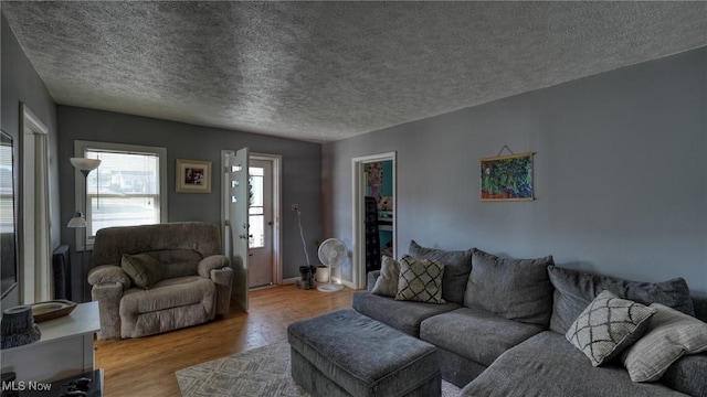 living room with wood finished floors and a textured ceiling