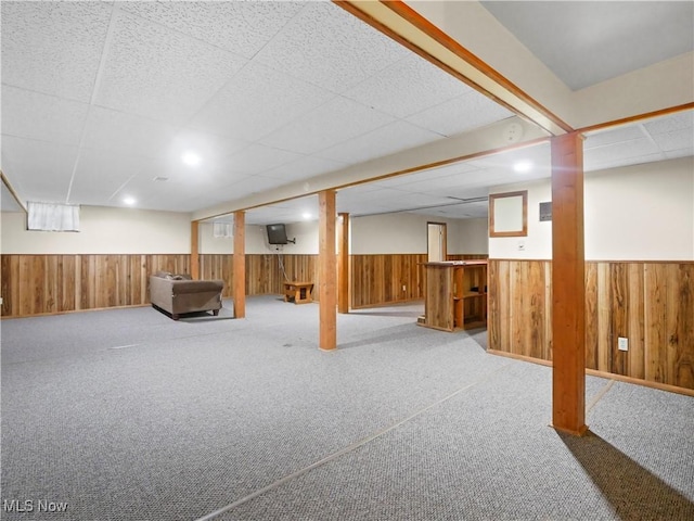 finished below grade area with a wainscoted wall, a paneled ceiling, carpet, and wood walls