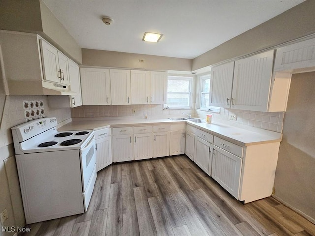 kitchen with dark wood-type flooring, under cabinet range hood, decorative backsplash, white electric range oven, and a sink