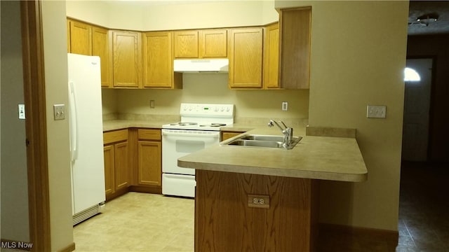 kitchen featuring white appliances, a peninsula, a sink, light countertops, and under cabinet range hood