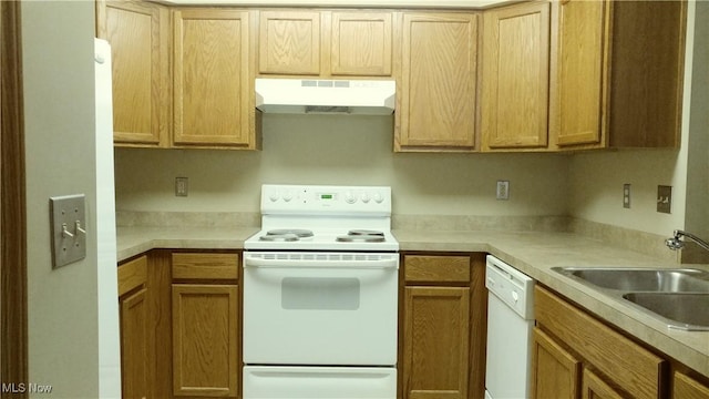 kitchen with under cabinet range hood, white appliances, light countertops, and a sink