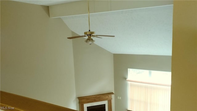 details featuring a ceiling fan and a fireplace