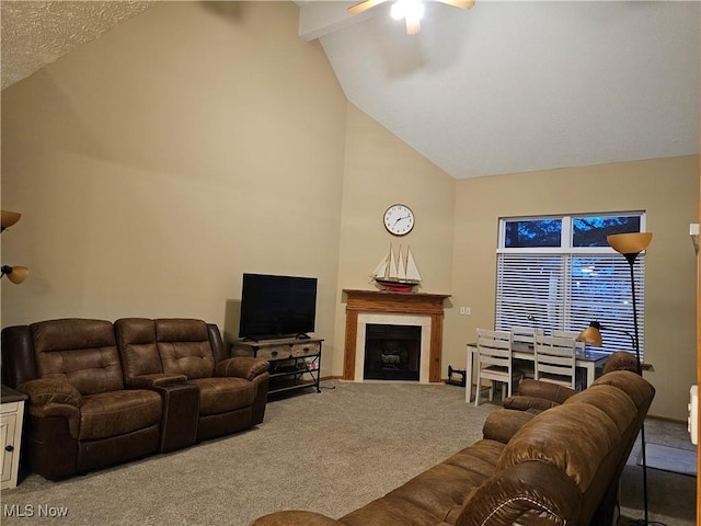 living room featuring beamed ceiling, carpet flooring, a fireplace, and high vaulted ceiling