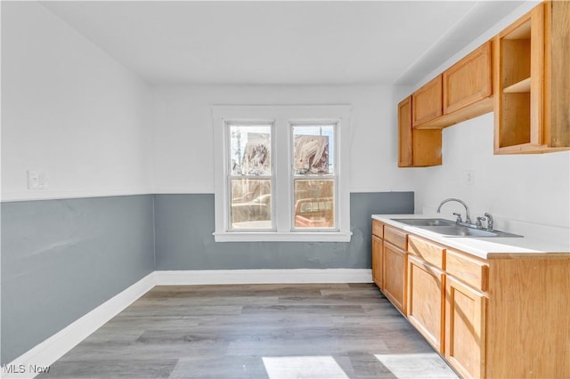 kitchen featuring a sink, light wood-type flooring, and baseboards