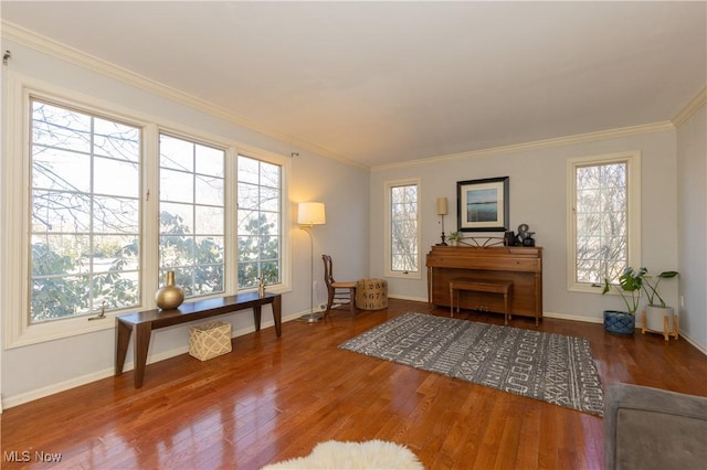 living area with wood finished floors, baseboards, and ornamental molding