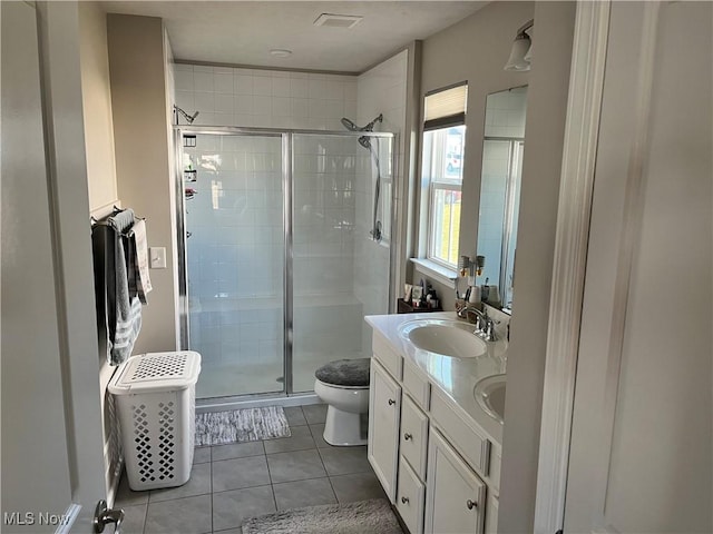 full bathroom with a shower stall, toilet, double vanity, tile patterned floors, and a sink