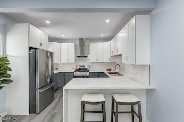 kitchen featuring gray cabinetry, a sink, appliances with stainless steel finishes, a peninsula, and wall chimney range hood