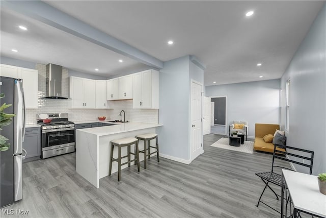 kitchen featuring a peninsula, a sink, stainless steel appliances, wall chimney exhaust hood, and tasteful backsplash