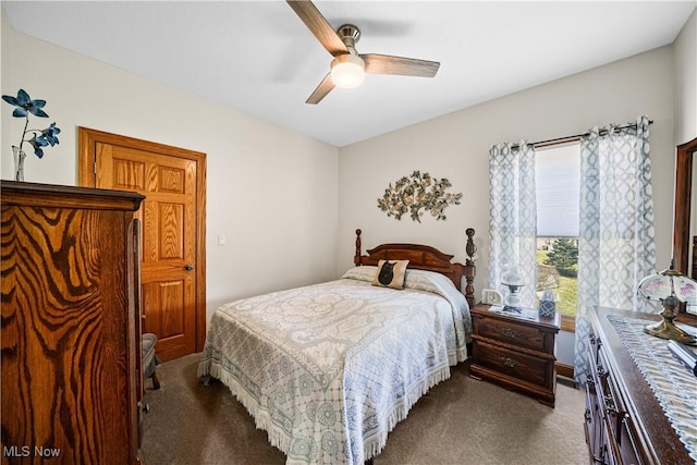 bedroom featuring dark carpet and a ceiling fan