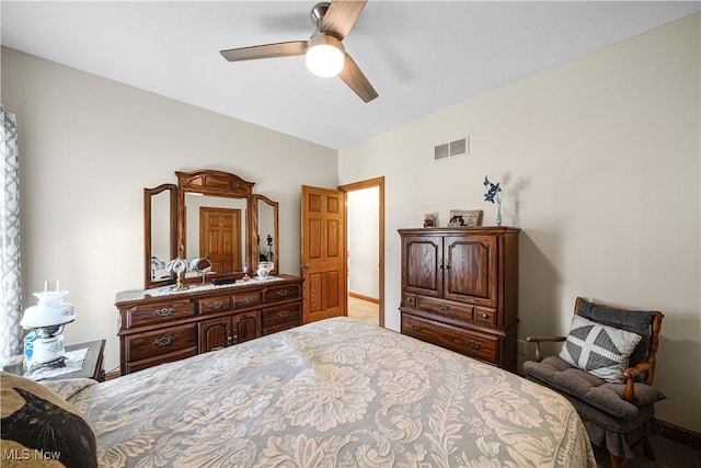 bedroom featuring a ceiling fan and visible vents