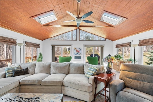 living room featuring vaulted ceiling with skylight, wooden ceiling, and a ceiling fan