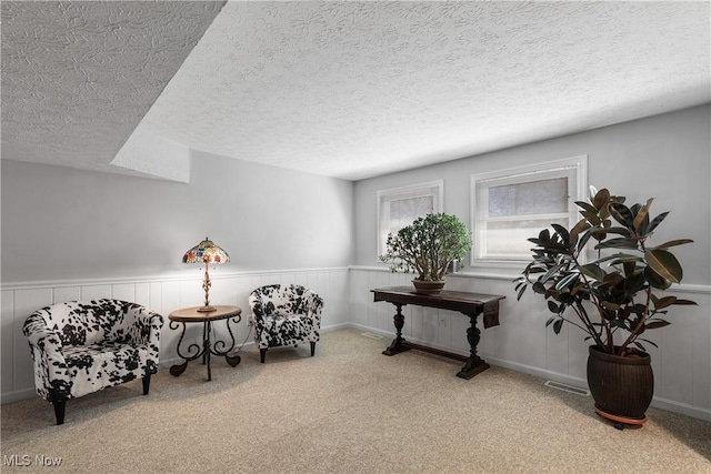 living area featuring carpet, wainscoting, and a textured ceiling