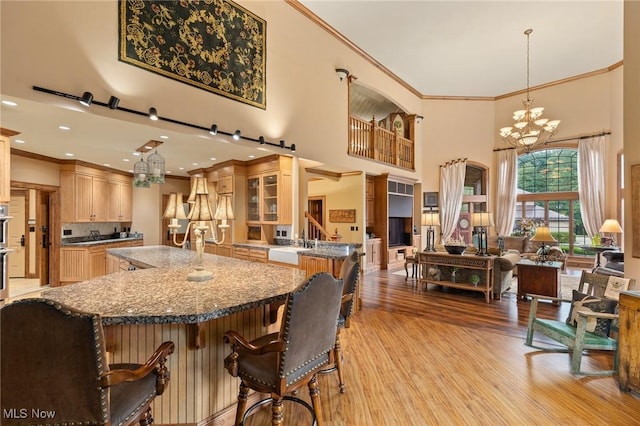 kitchen with a kitchen island, open floor plan, a breakfast bar, light wood-type flooring, and a high ceiling