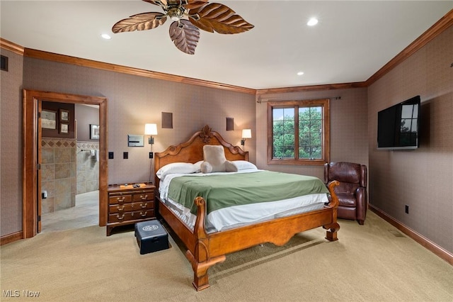 bedroom featuring visible vents, crown molding, baseboards, light colored carpet, and recessed lighting