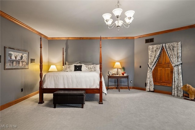 bedroom featuring visible vents, crown molding, baseboards, carpet, and an inviting chandelier