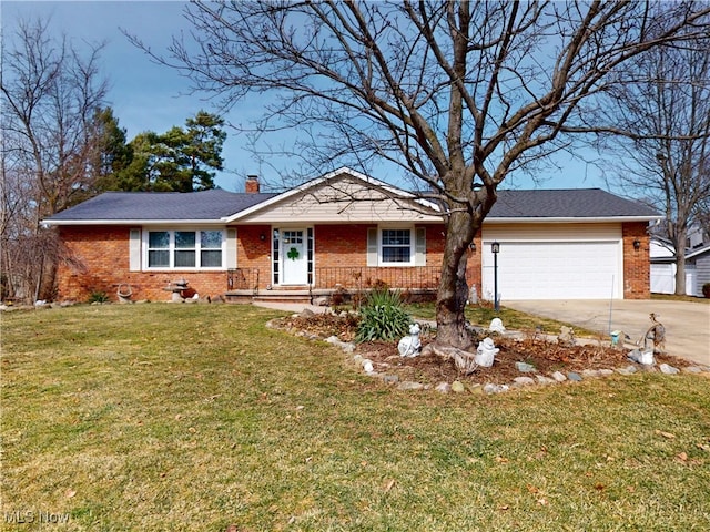 ranch-style house with driveway, a front lawn, an attached garage, brick siding, and a chimney