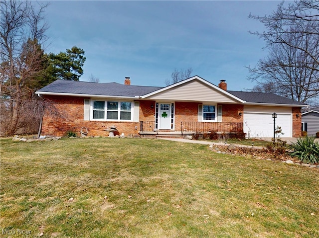 ranch-style house with a chimney, brick siding, an attached garage, and a front lawn