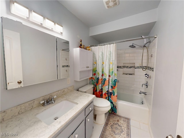 full bath with tile patterned flooring, visible vents, toilet, shower / tub combo, and vanity