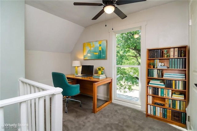 office space featuring lofted ceiling and carpet floors