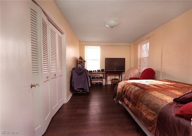 bedroom featuring wood finished floors and a closet