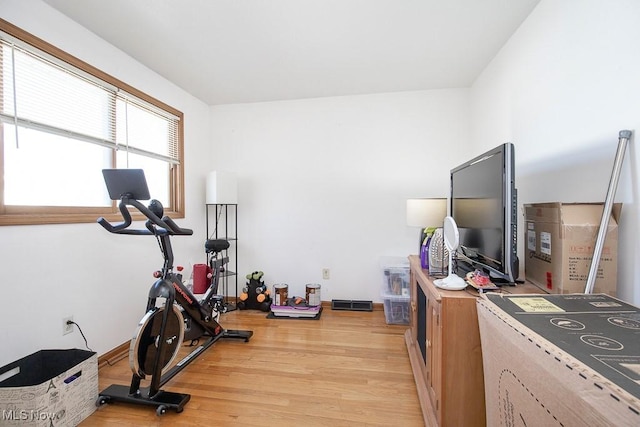 workout area with light wood finished floors