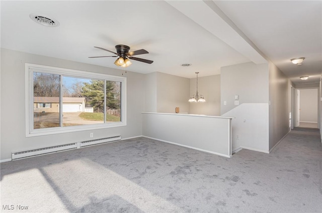 unfurnished room featuring visible vents, ceiling fan with notable chandelier, carpet, baseboards, and baseboard heating