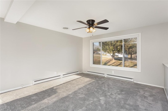 carpeted spare room with a baseboard heating unit, baseboards, visible vents, and a ceiling fan