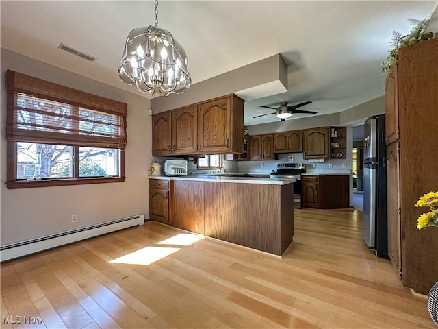 kitchen featuring visible vents, appliances with stainless steel finishes, a peninsula, light wood-style floors, and a baseboard radiator