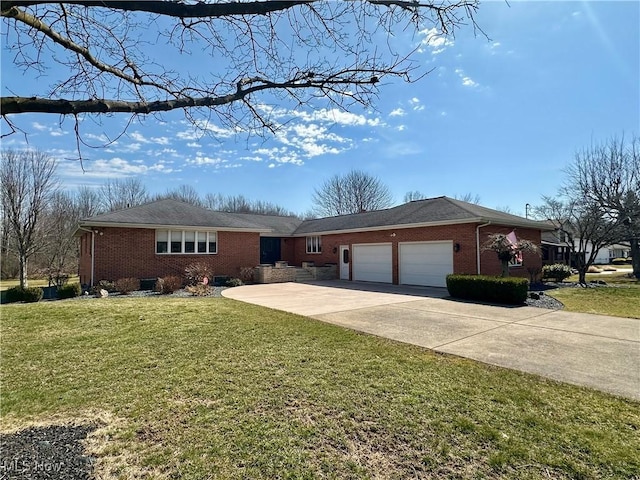 ranch-style house with a front yard, an attached garage, brick siding, and concrete driveway