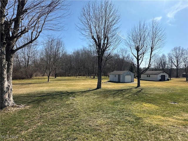 view of yard featuring a detached garage and an outdoor structure